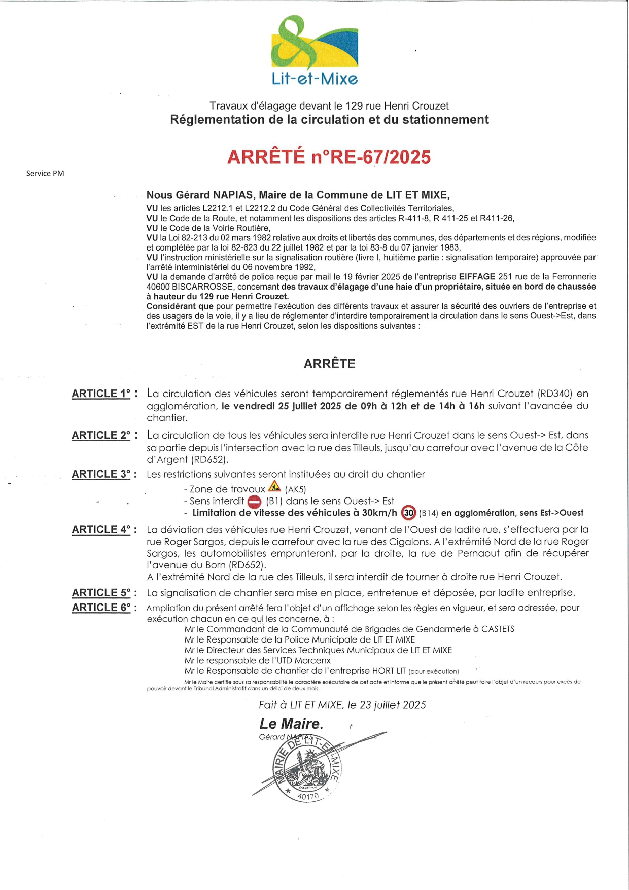 ARR_RE_67_2025 Arr Police - Circulation rue Henri Crouzet réglementée sens Ouest-Est - Élagage haie 129 r H Crouzet (HORTI LIT)_page-0001.jpg