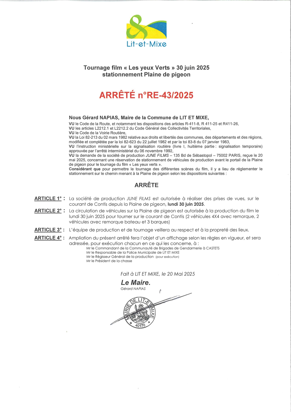 ARR_RE_43_2025 Arr Police - réservation stationnement entré plaine de pigeon 30 juin 2025 -  tournage film  Les Yeux Verts.jpg