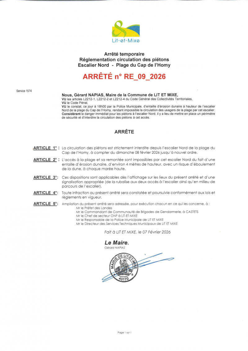 ARR_RE_09_2026 Arr temporaire - Circulation pi&eacute;tons interdite acc&egrave;s escalier Nord plage du Cap de l'Homy.jpg